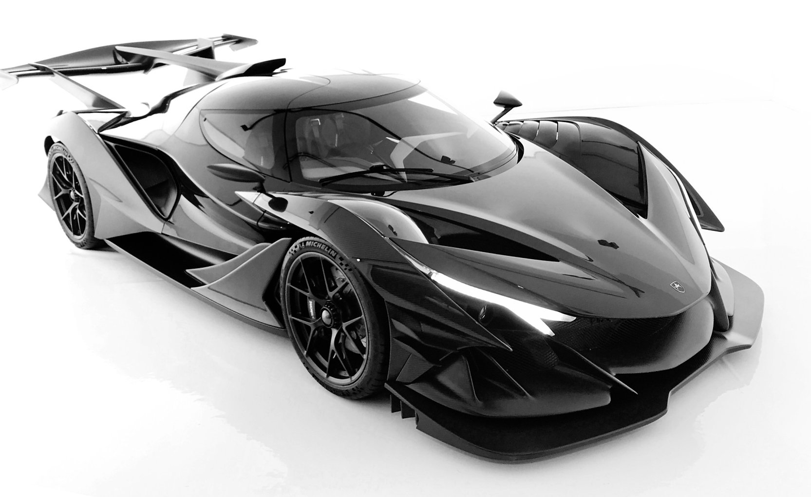 Black and white Apollo IE hypercar showing its aerodynamic surfaces