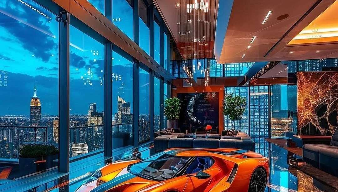 Luxury penthouse interior overlooking New York City
