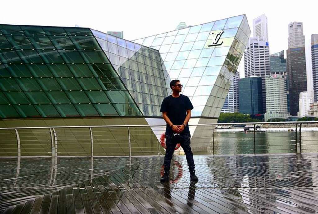 Paul outside Louis Vuitton Island Maison on Singapore's Marina Bay waterfront
