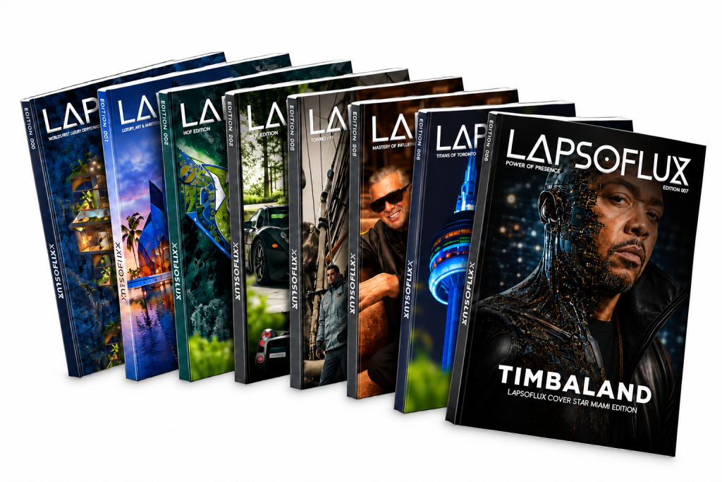 Eight LAPSOFLUX magazine covers, with Edition 007 featuring Timbaland in front