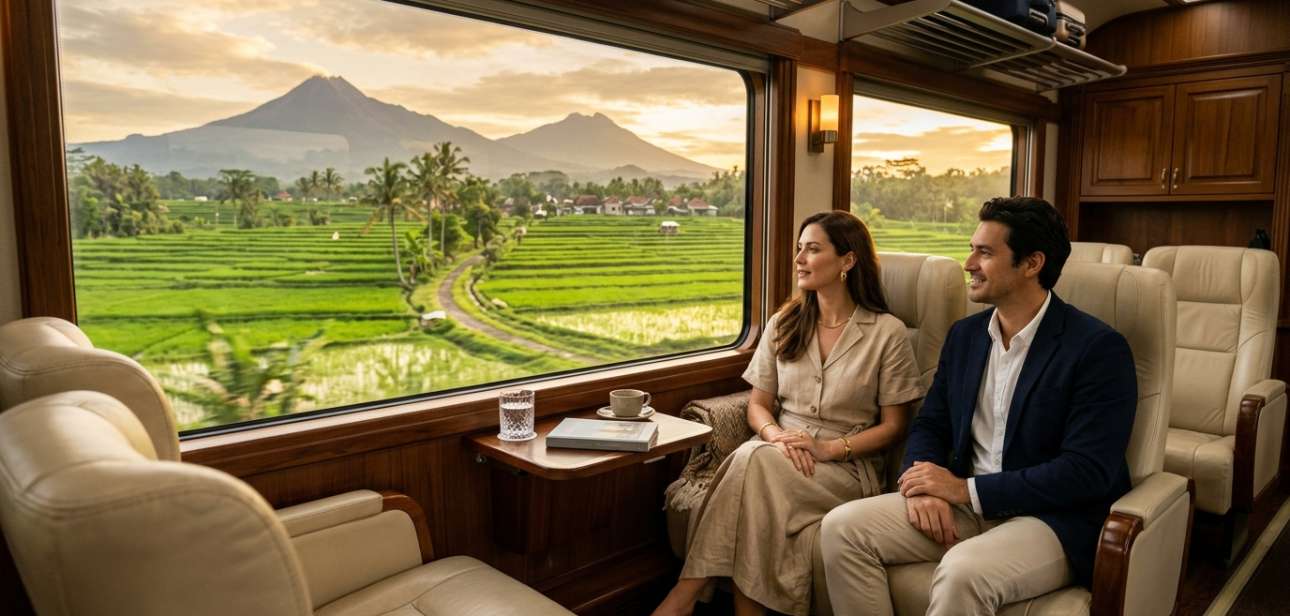Editorial illustration of a luxury private train journey through Central Java