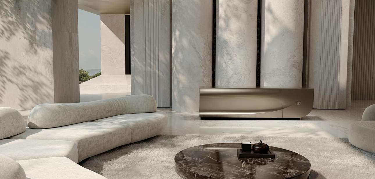 C SEED BUGATTI N1 television closed as a sculptural sideboard in a luxury interior.