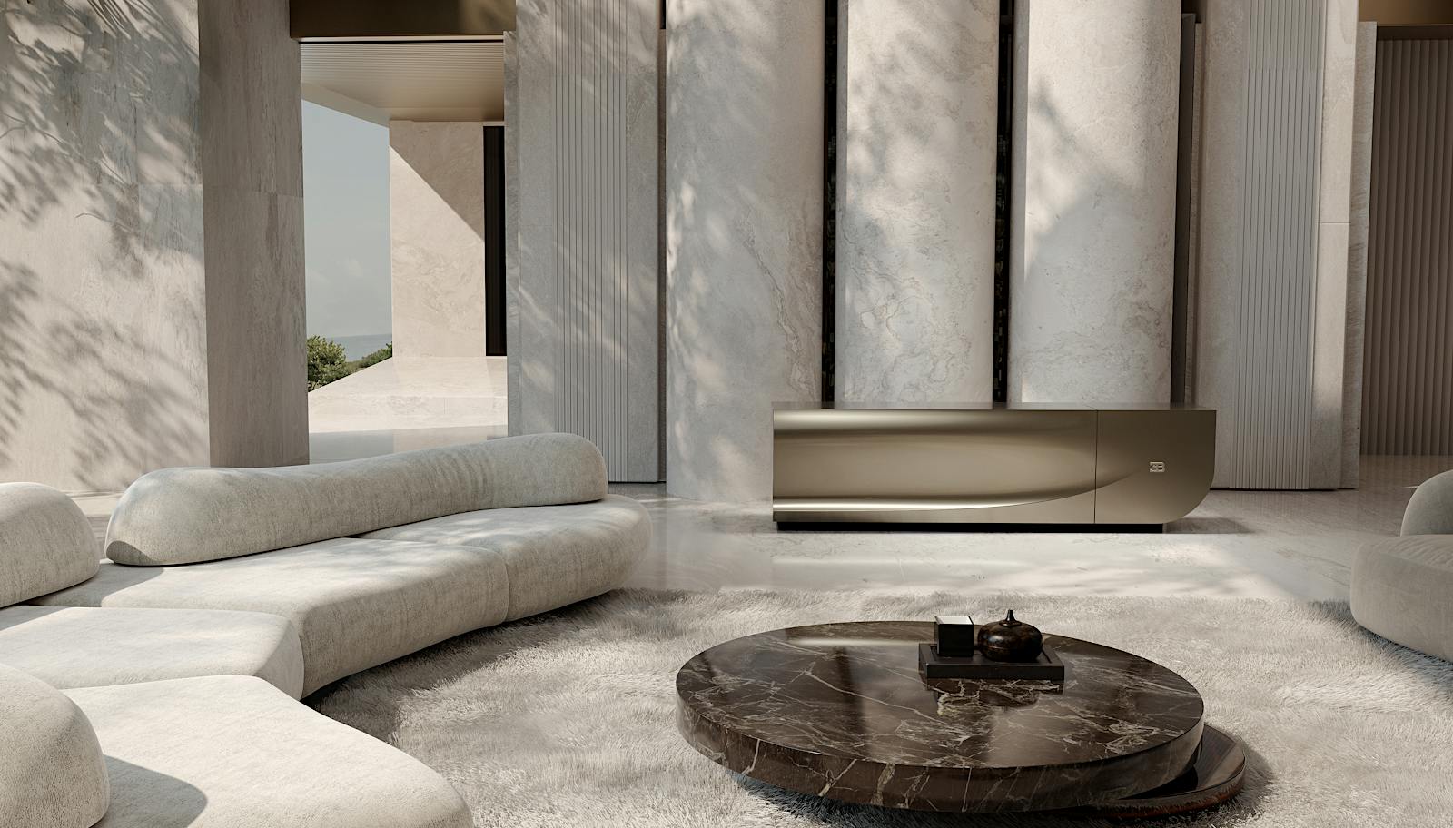 C SEED BUGATTI N1 television closed as a sculptural sideboard in a luxury interior.