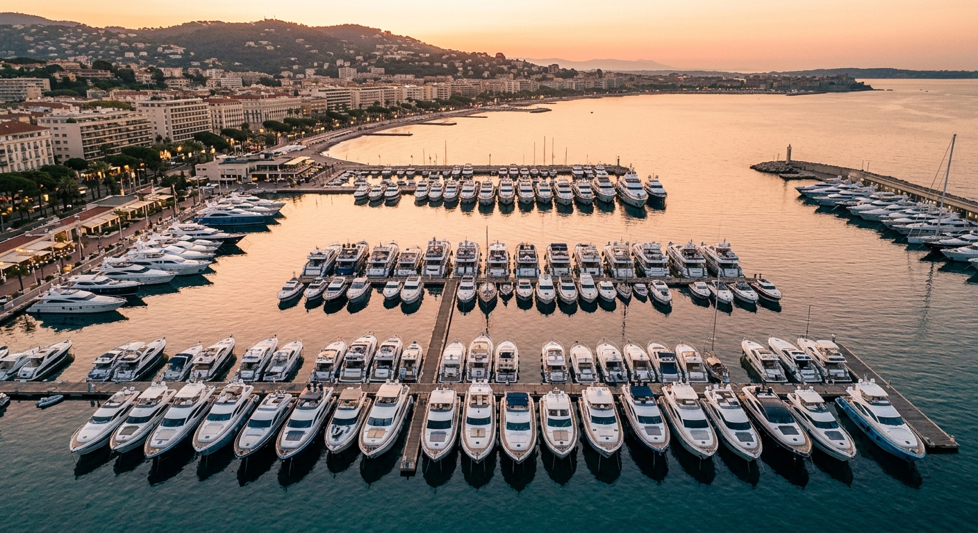 Luxury yachts moored at a French Riviera yacht show at golden hour