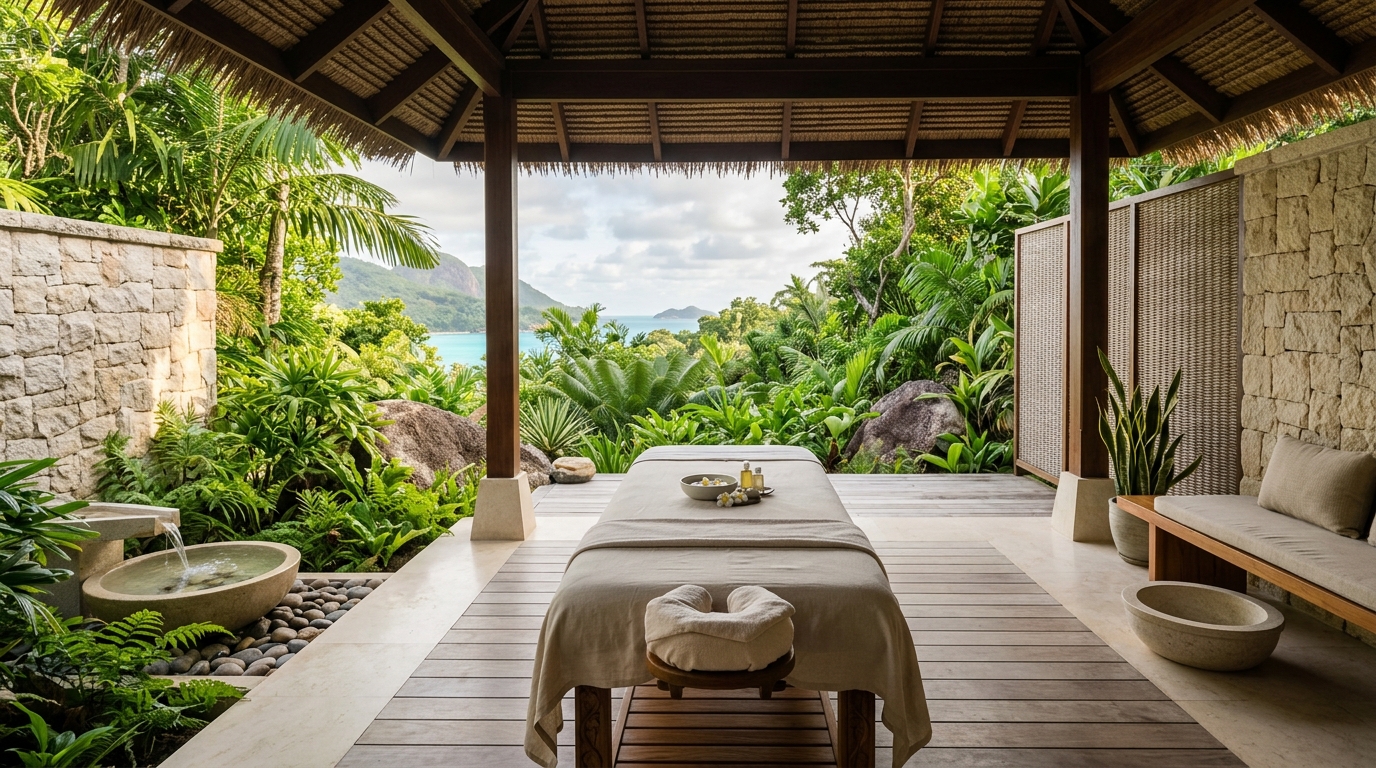 Serene tropical spa treatment room inspired by the Guerlain spa at Cheval Blanc Seychelles