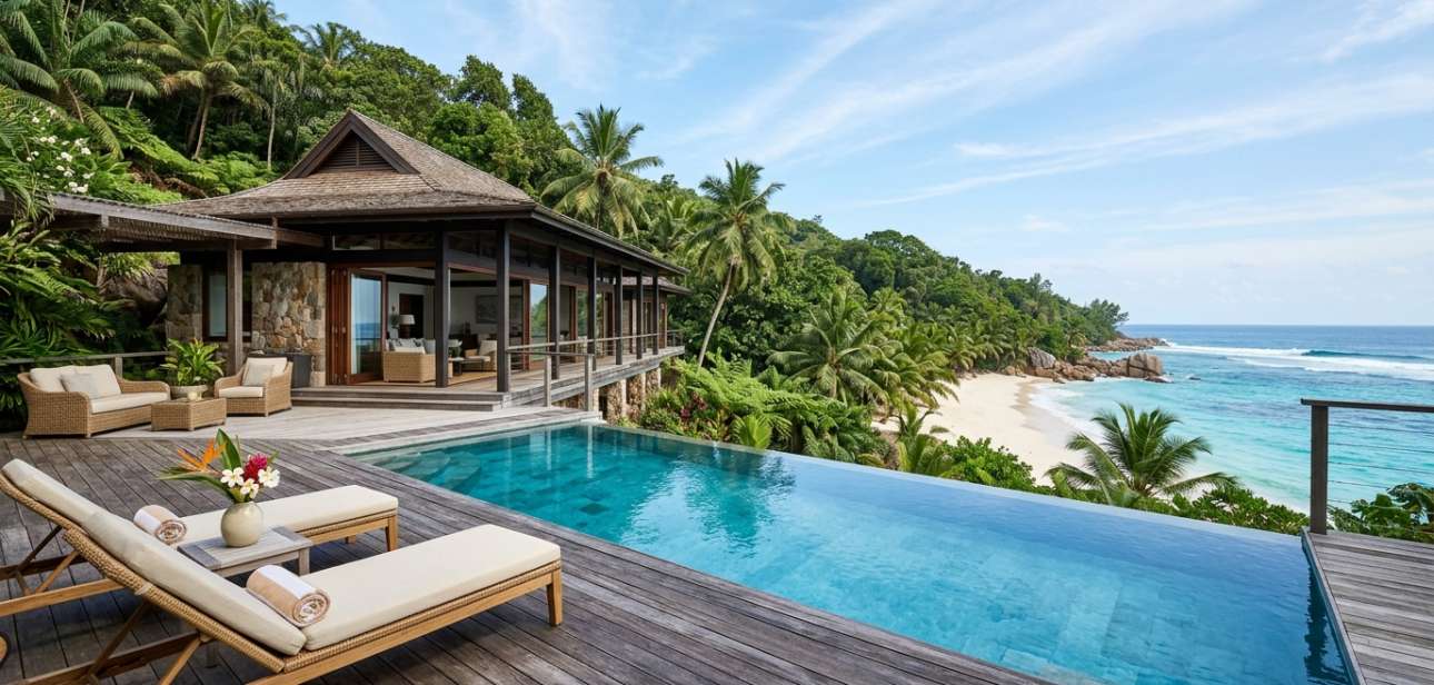 Private villa pool at Cheval Blanc Seychelles overlooking Anse Intendance and the Indian Ocean
