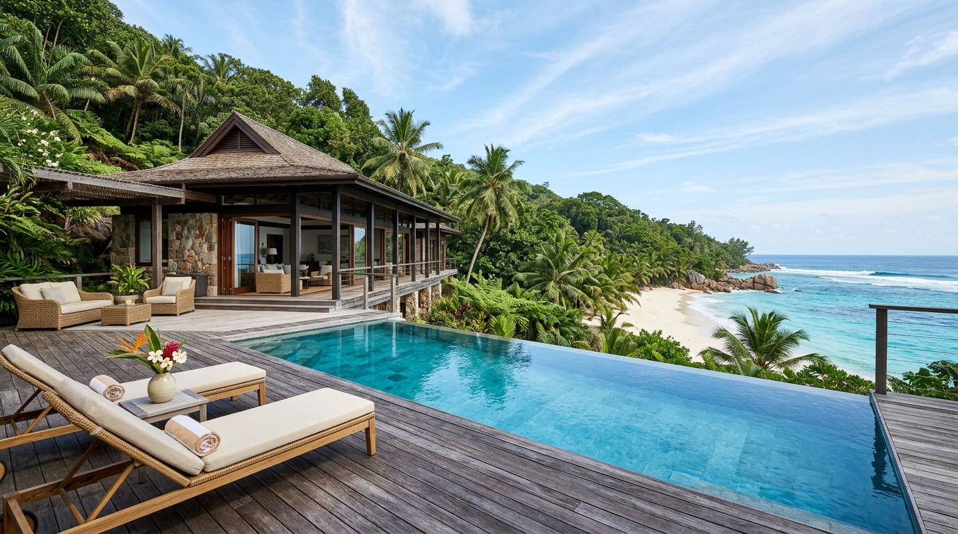 Private villa pool at Cheval Blanc Seychelles overlooking Anse Intendance and the Indian Ocean