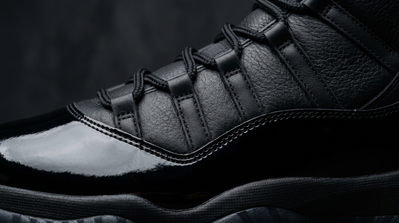 Monochrome Comme des Garçons Air Jordan 11 inspired patent leather and full-grain leather detail