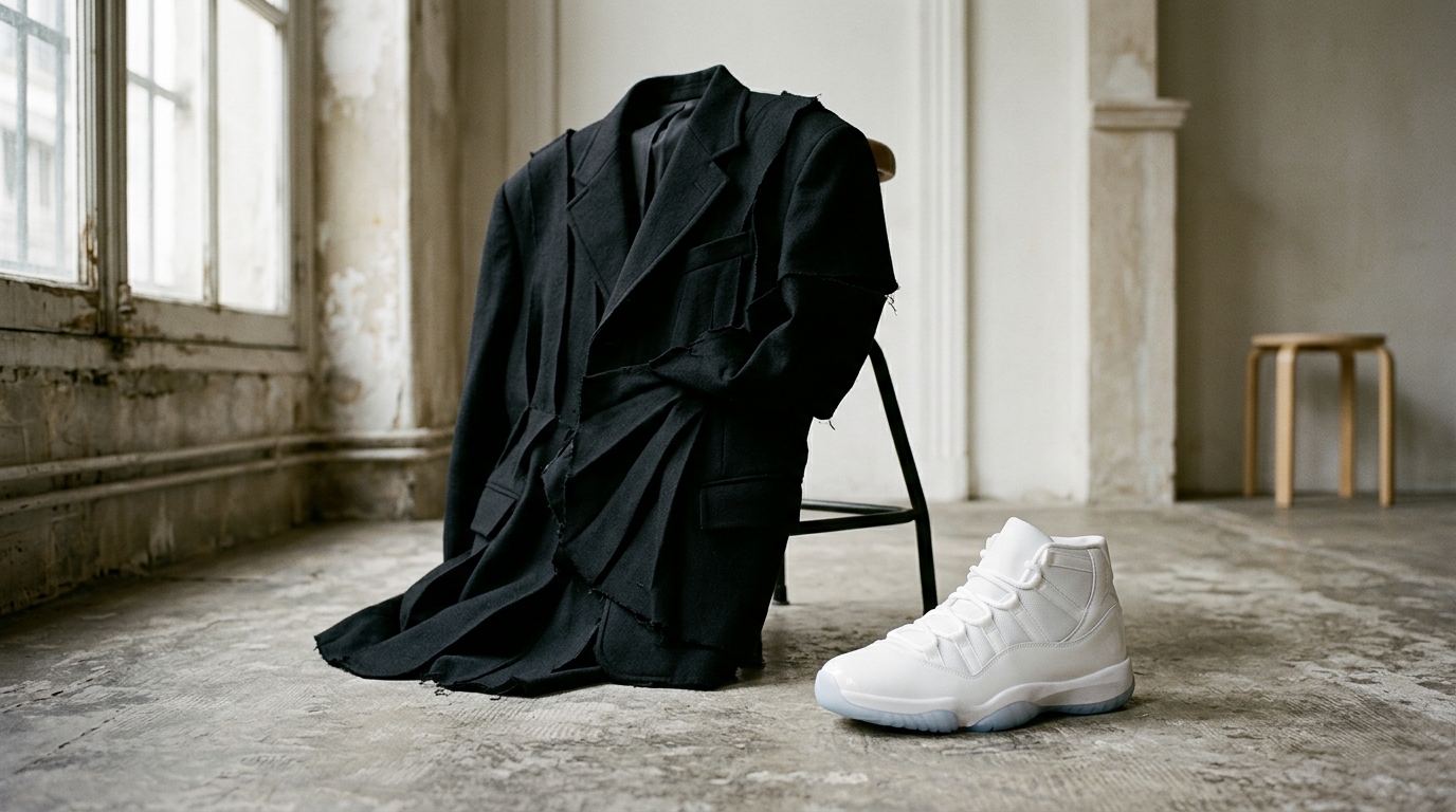 Black and white luxury sneaker styled with avant-garde tailoring in a Paris editorial setting