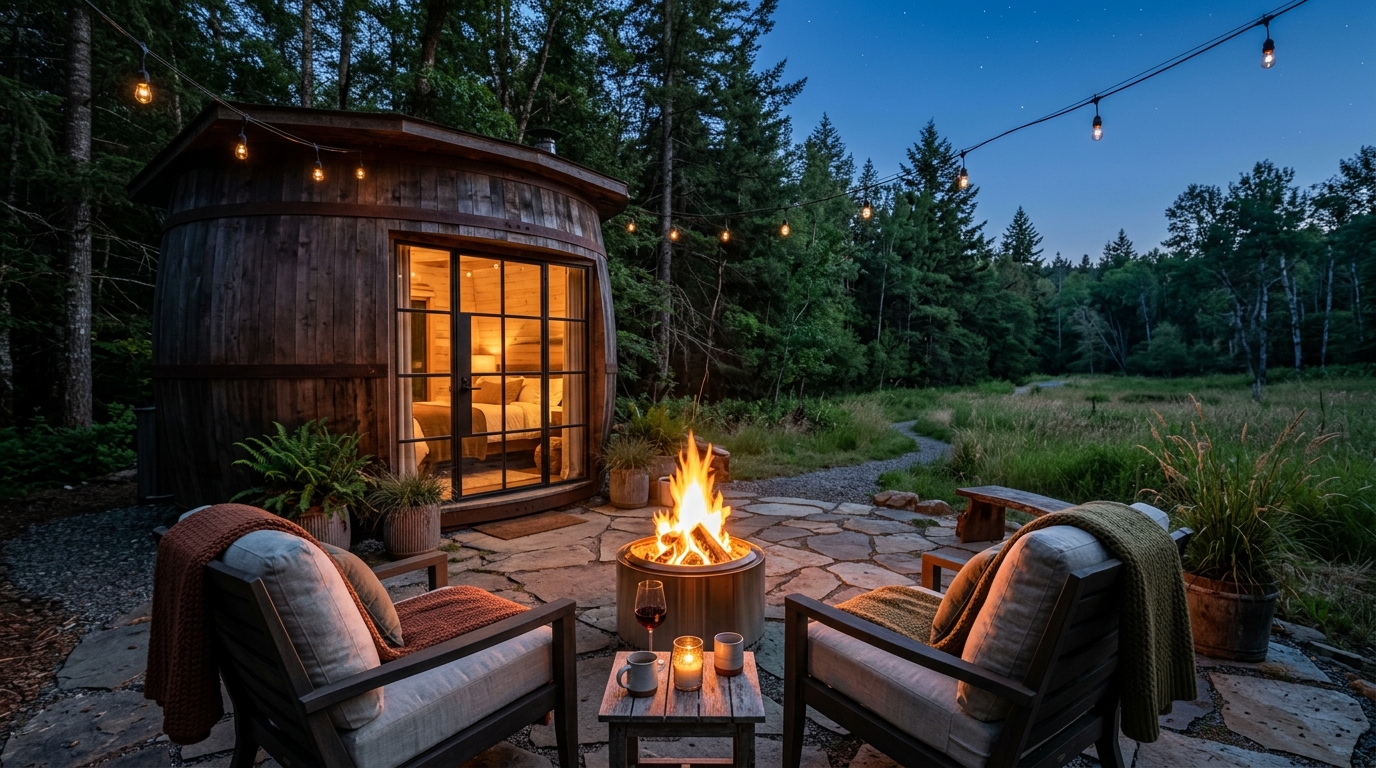 Private patio and fire pit outside a Hidden Creek Estates barrel suite