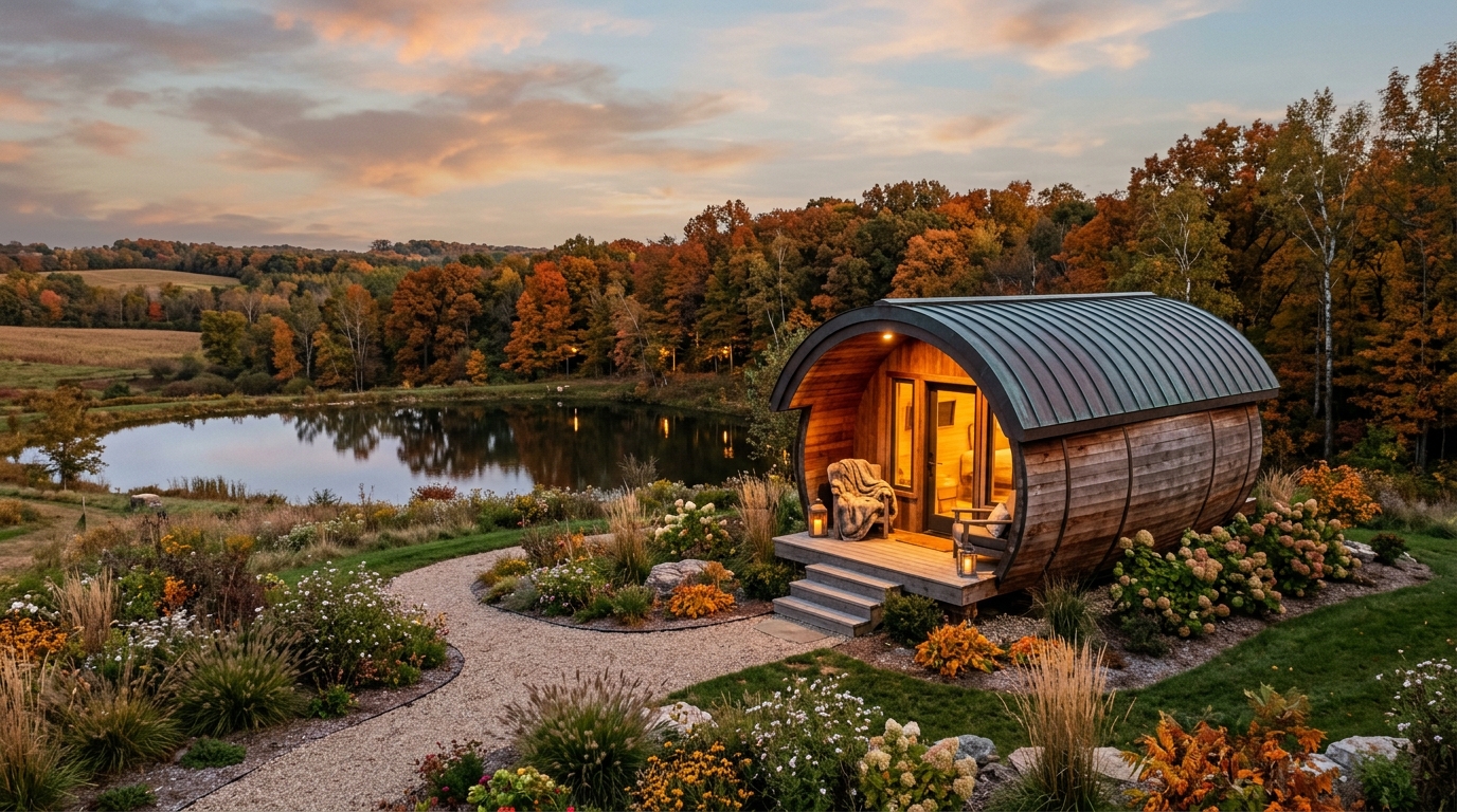 Exterior of a cedar wine barrel suite at Hidden Creek Estates