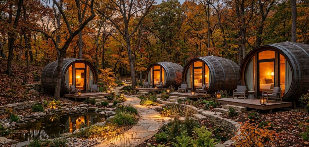 Luxury wine barrel-inspired guest cabins surrounded by autumn woodland at a private rural retreat