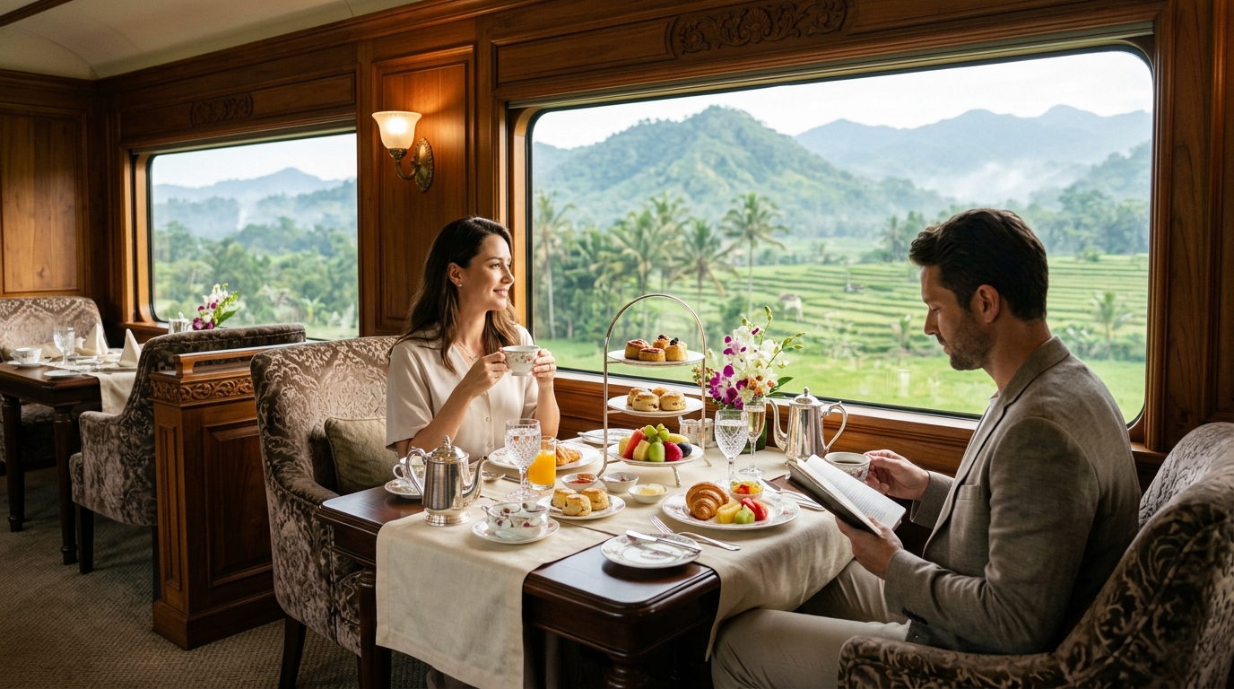 Editorial illustration of dining aboard a private luxury train in Java