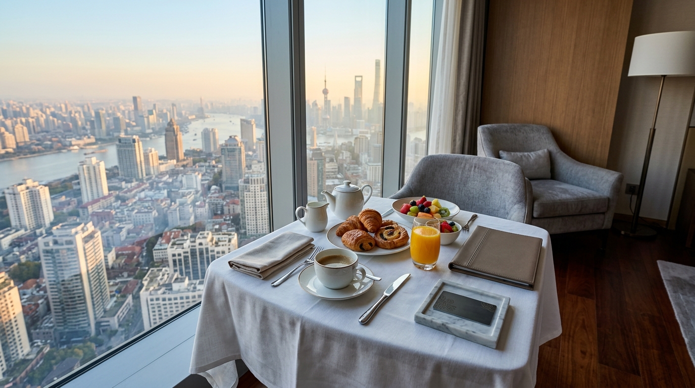 Luxury hotel guest reviewing value and booking options