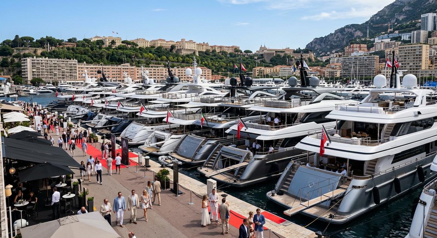 Superyachts gathered in Port Hercule for the Monaco Yacht Show