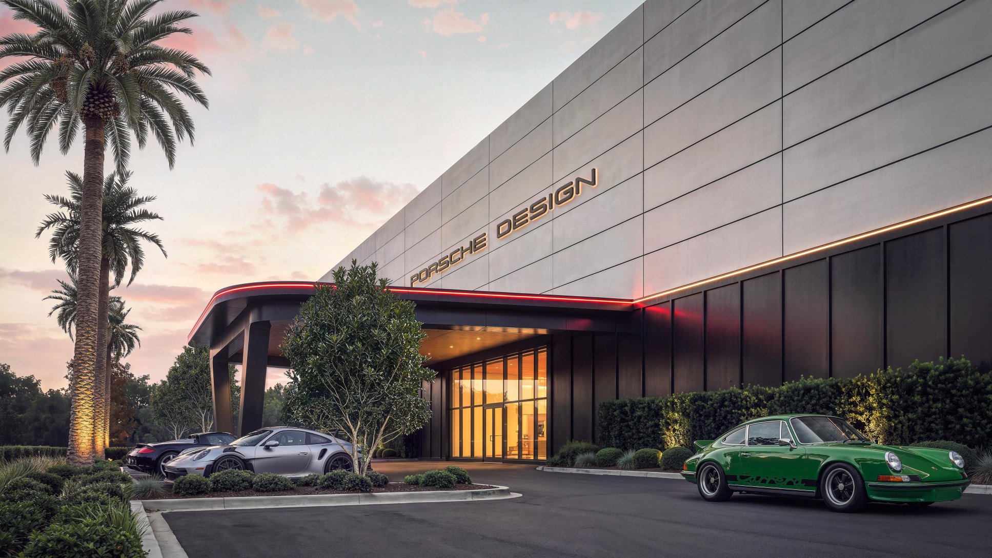Porsche Design Concours concept rendering with collector cars at the Palm Beach location