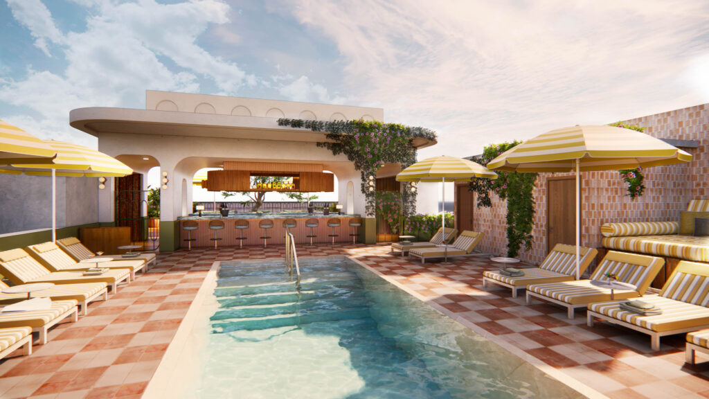 The rooftop lounge and pool area at Kilter above downtown Savannah.