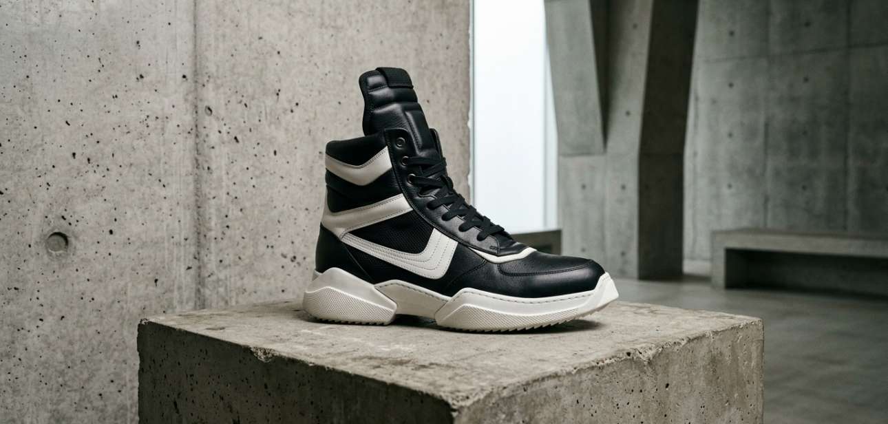 Monochrome luxury basketball sneaker displayed in a minimalist gallery for the Comme des Garçons Air Jordan 11 feature