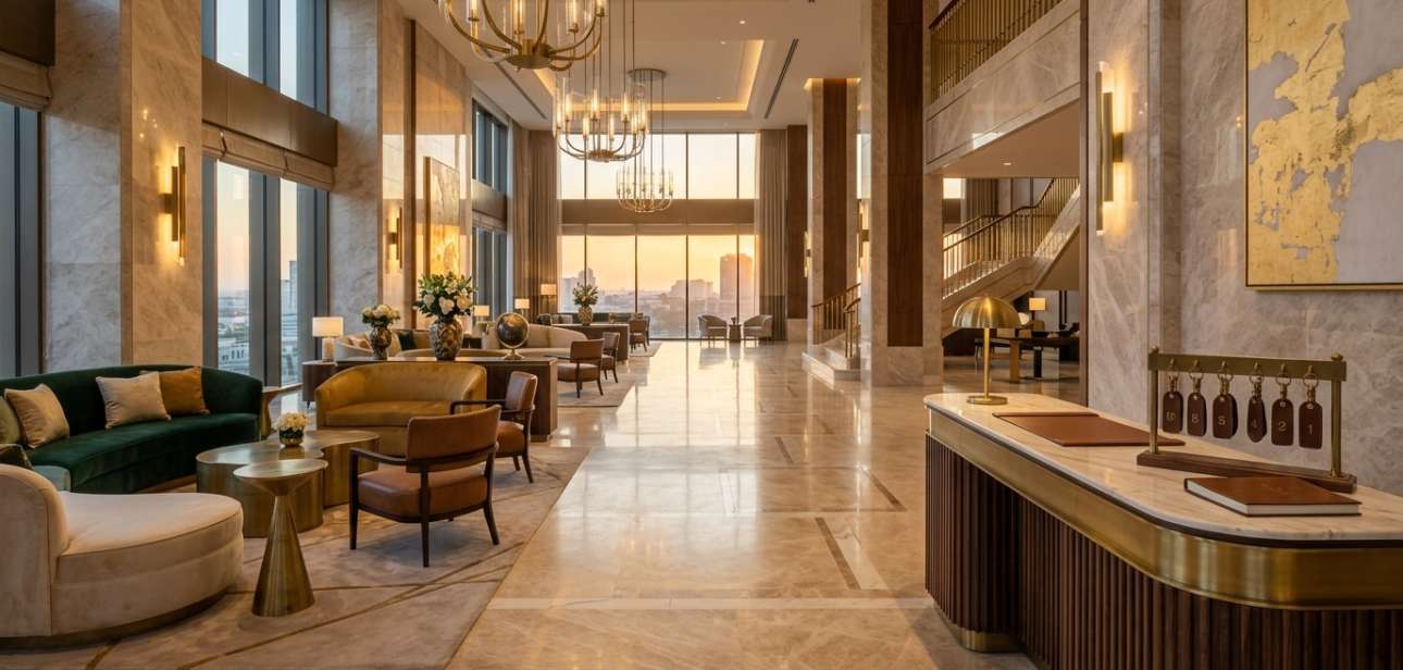 Five-star luxury hotel lobby with marble surfaces brass details and sculptural lighting