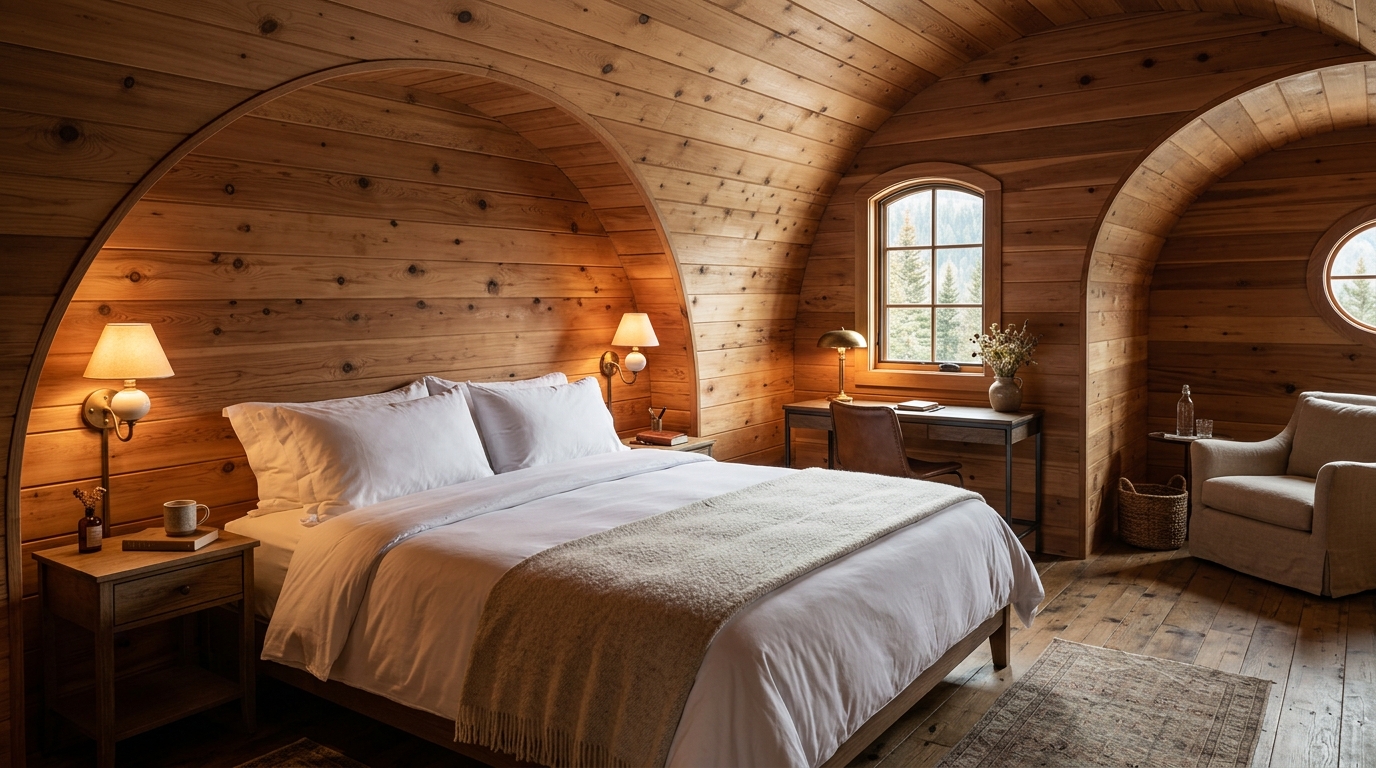 King bed and wood interior inside a Hidden Creek Estates barrel suite
