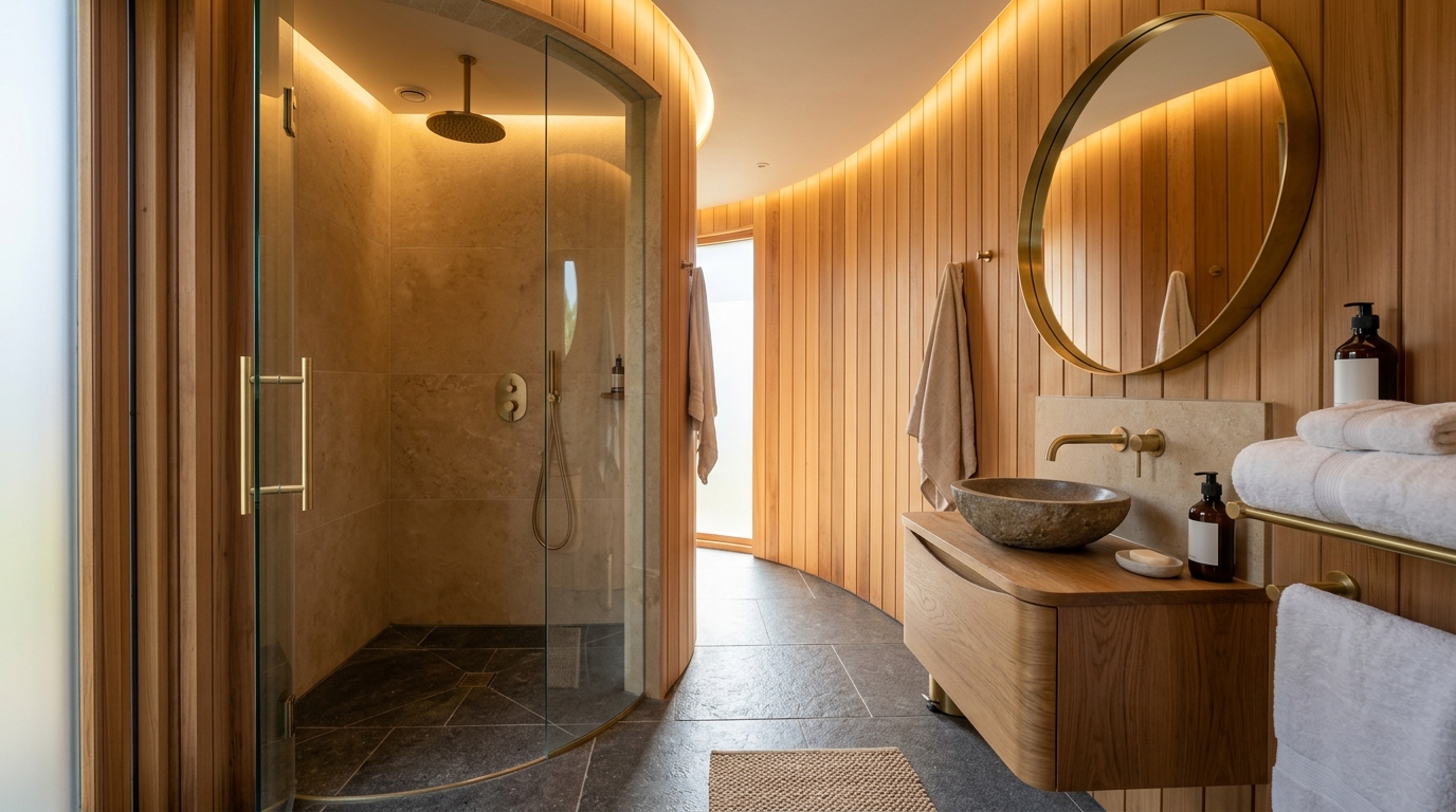 Heated-floor bathroom inside a Hidden Creek Estates wine barrel suite