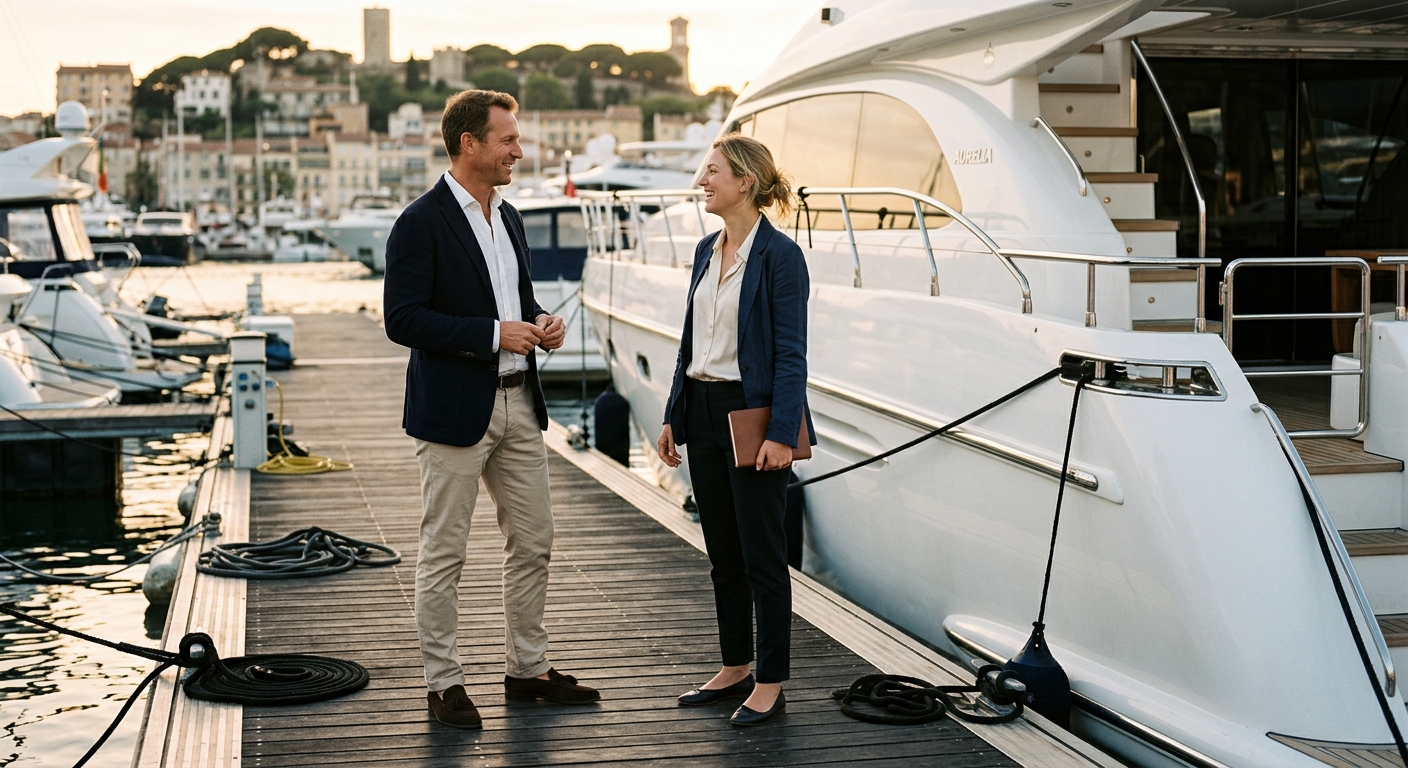 Yachting professionals meeting on a marina dock during show season