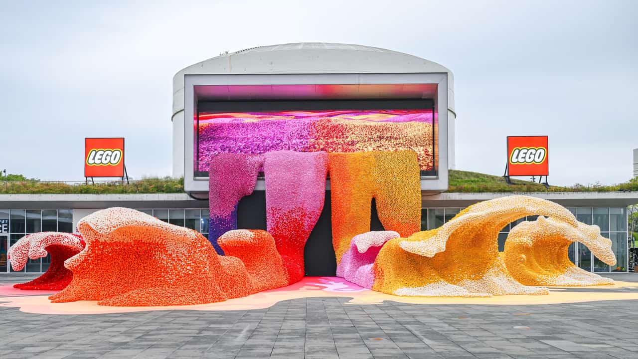 Wide view of the LEGO Botanical Wave across the courtyard at TANK Shanghai