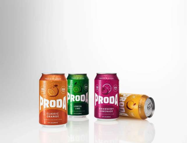 PRODA Classic Orange Lemon Lime Strawberry Lemonade and Golden Apple protein soda cans