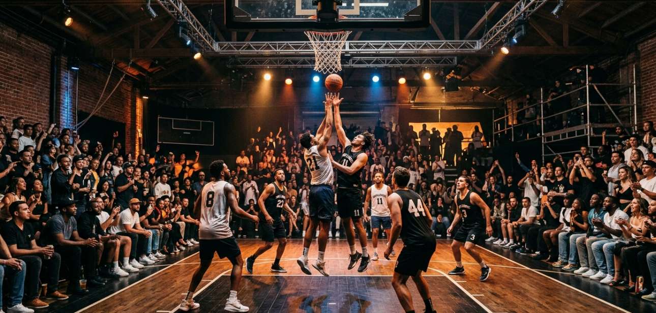 Basketball players compete before a packed crowd at THE LEAGUE Season 5 opening night at Surgeon’s Studios.